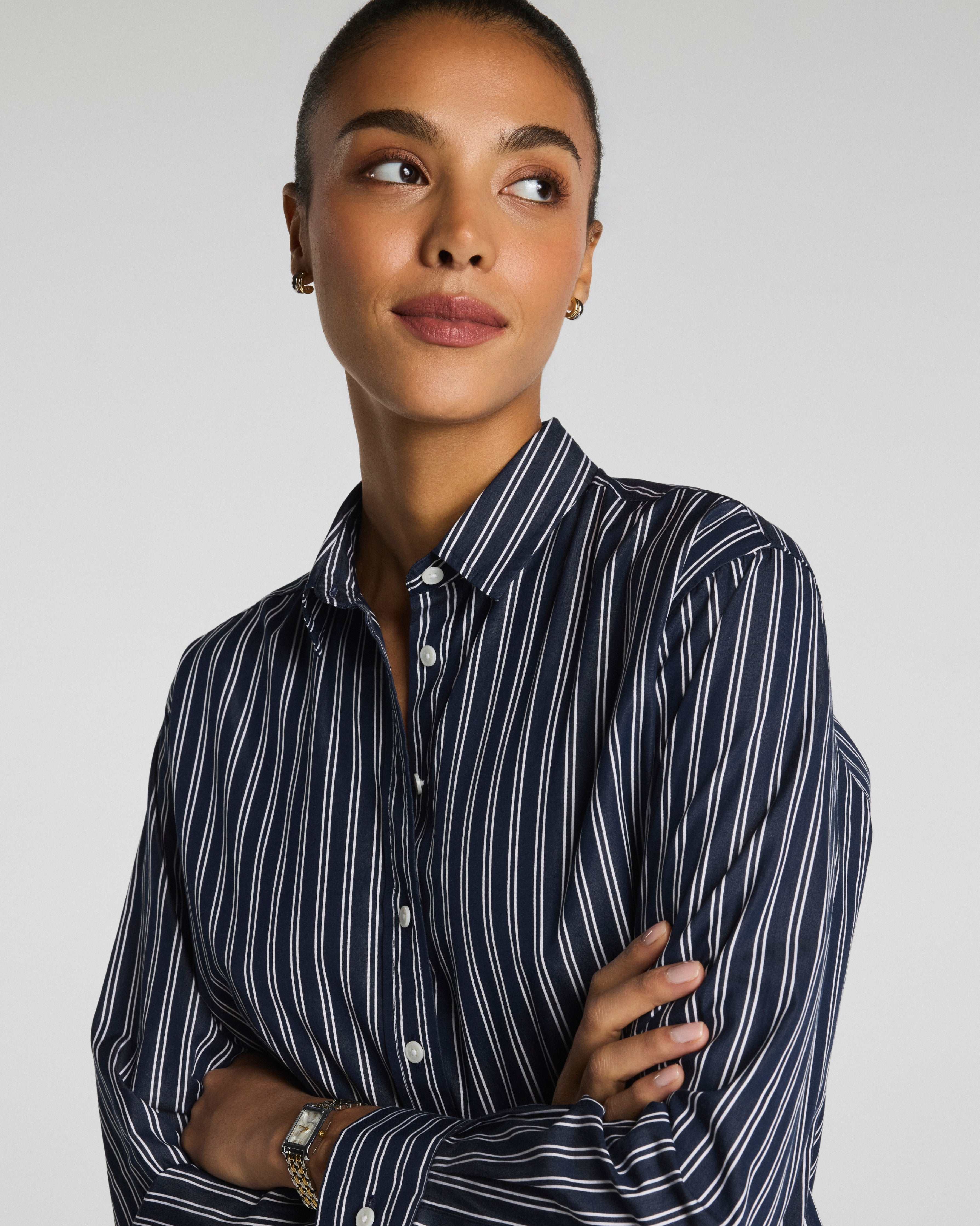 SPANX® Poplin Oversized Button-Up Shirt | Timeless Navy/Classic White