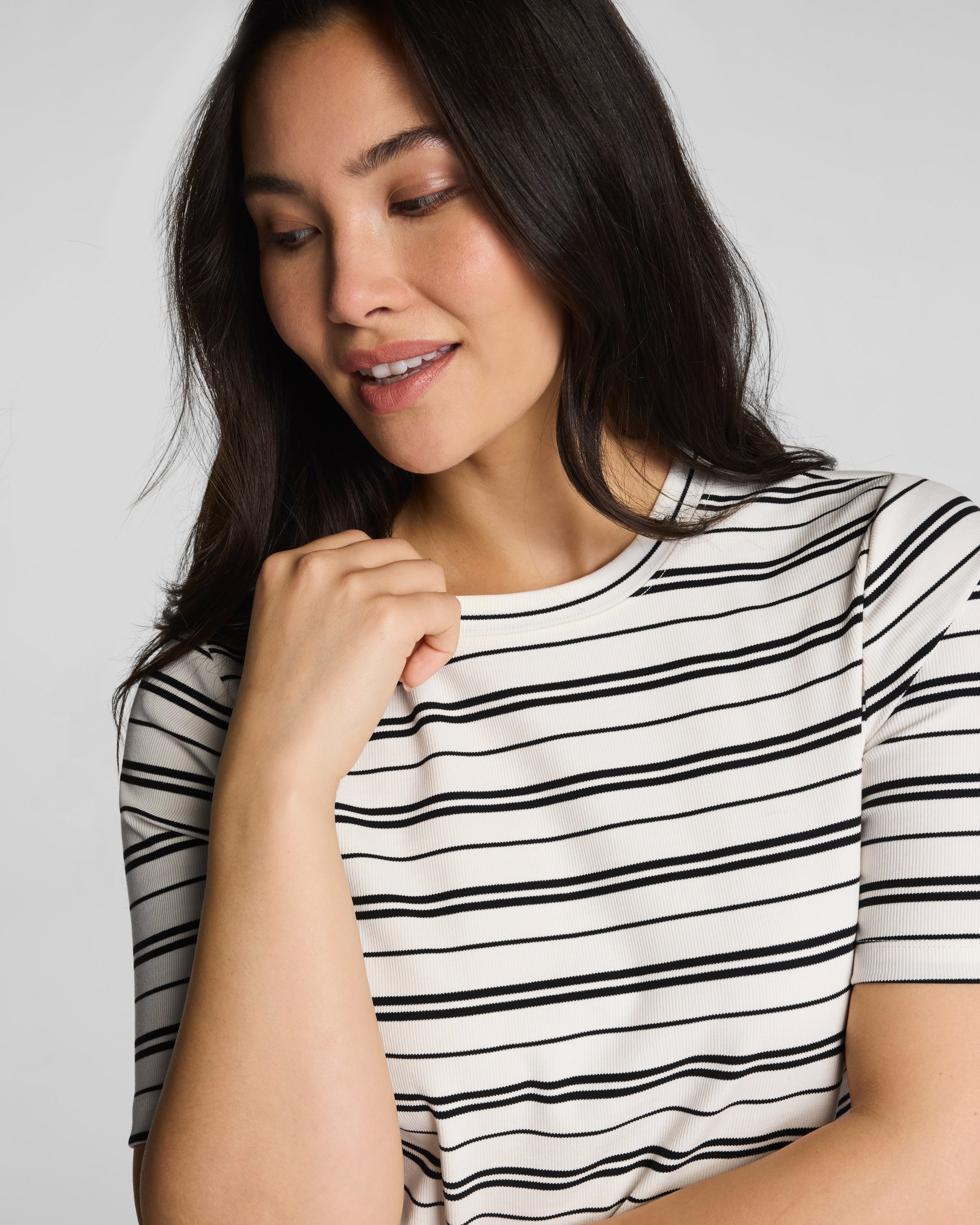 SPANX® Ribbed Knit Crewneck Tee | Linen/Classic Black Stripe