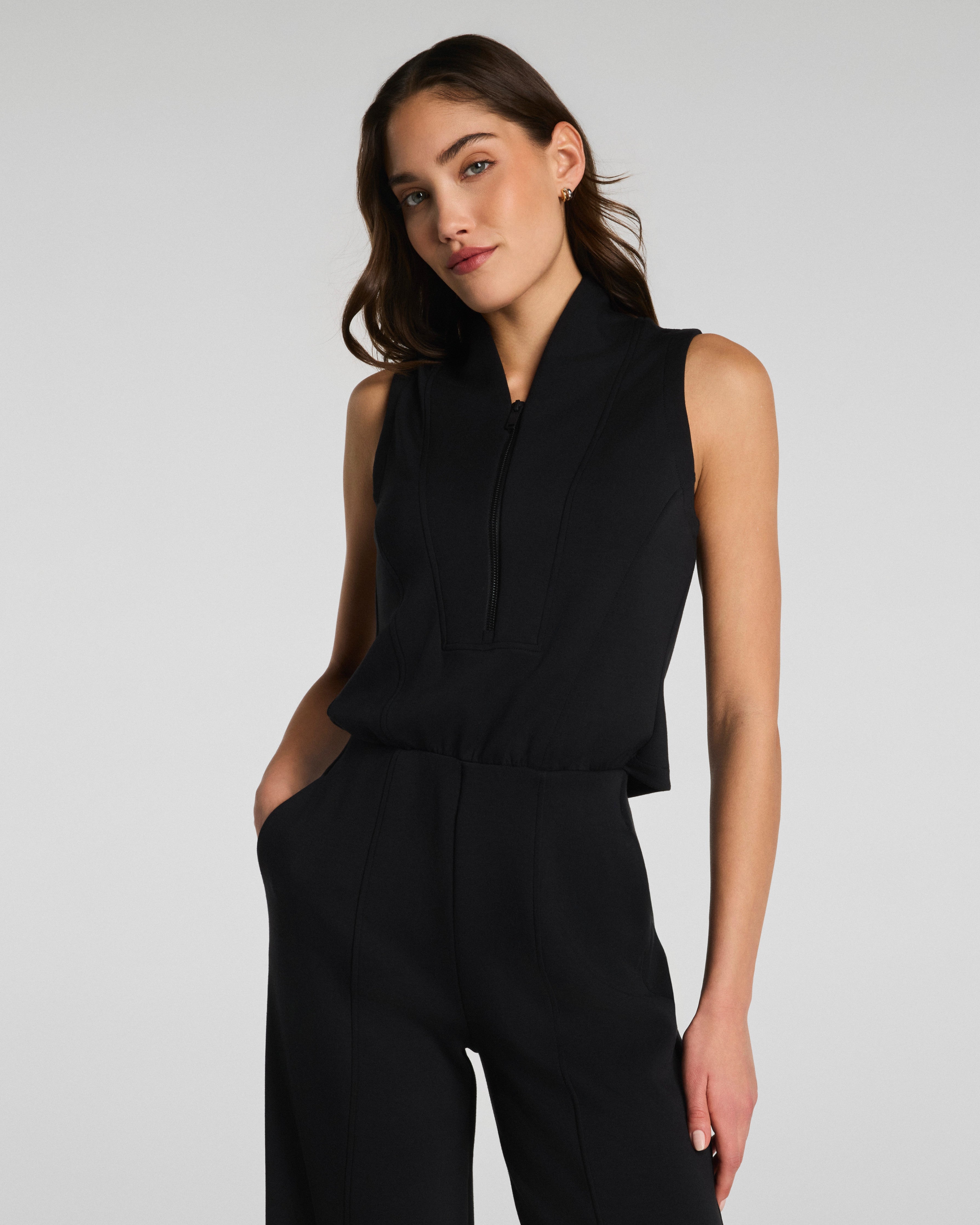 SPANX AirEssentials® Shawl Collar Half Zip Jumpsuit | Very Black