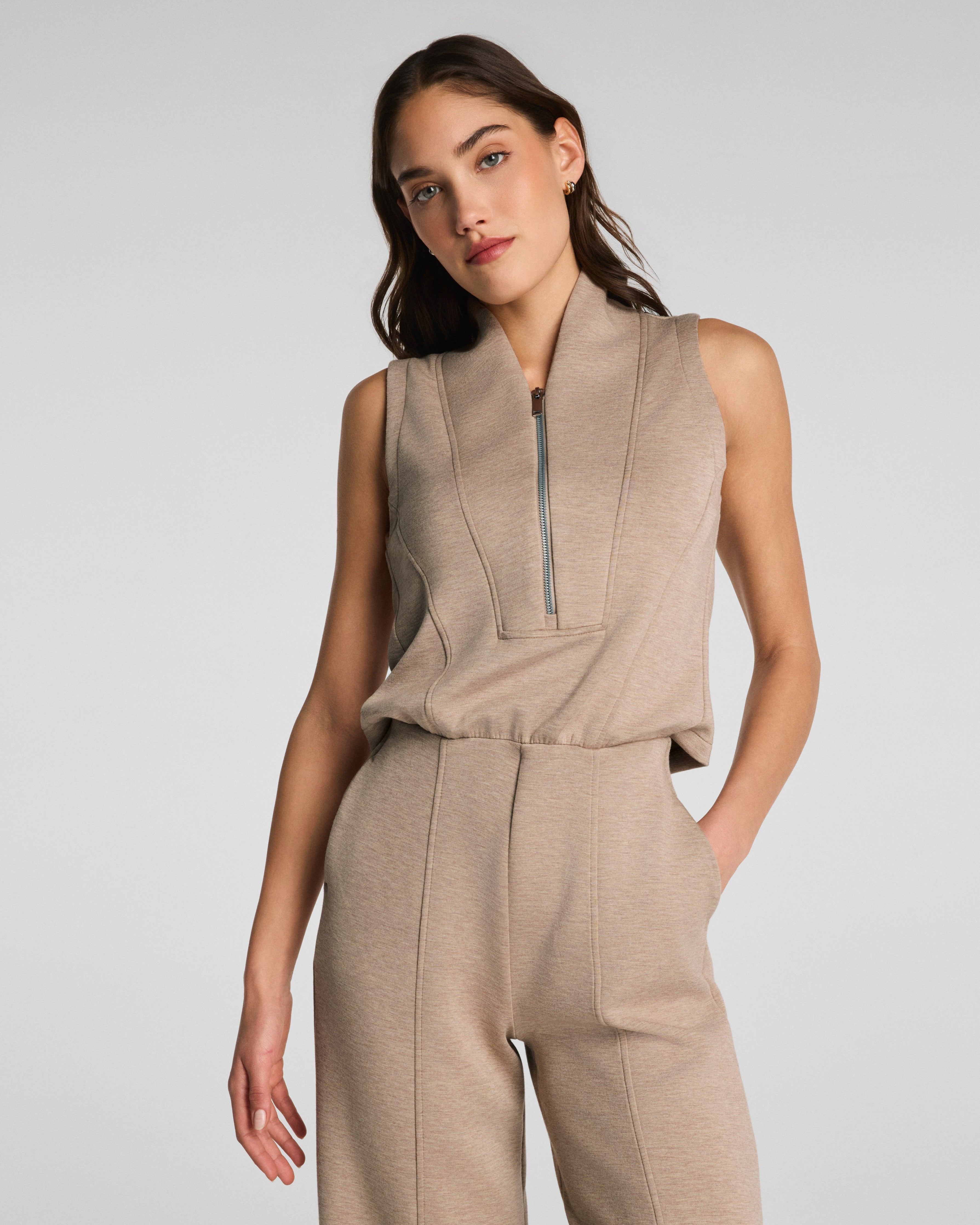 SPANX AirEssentials® Shawl Collar Half Zip Jumpsuit | Dune Heather
