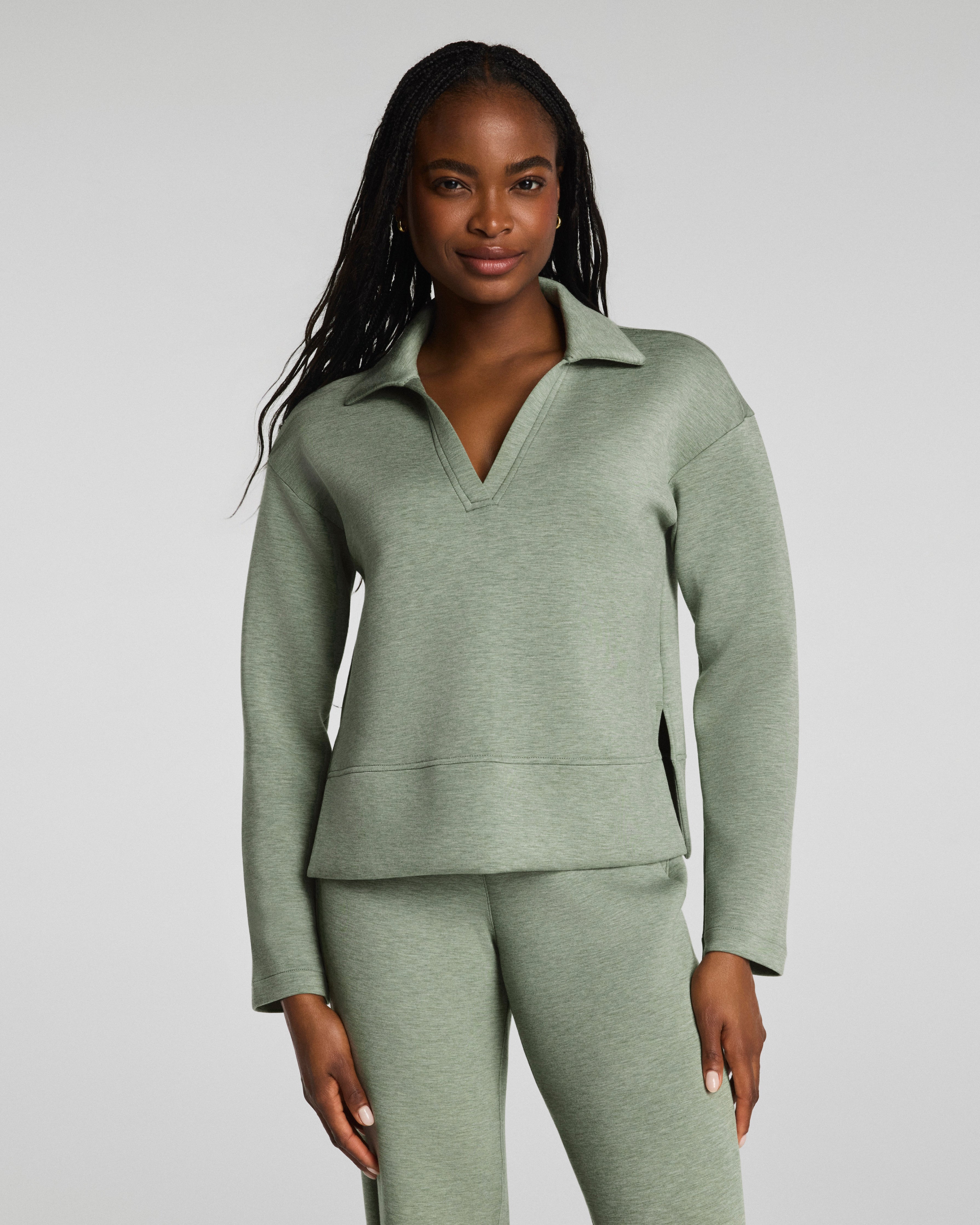 SPANX AirEssentials® Long Sleeve Polo Top | Sage Brush Heather