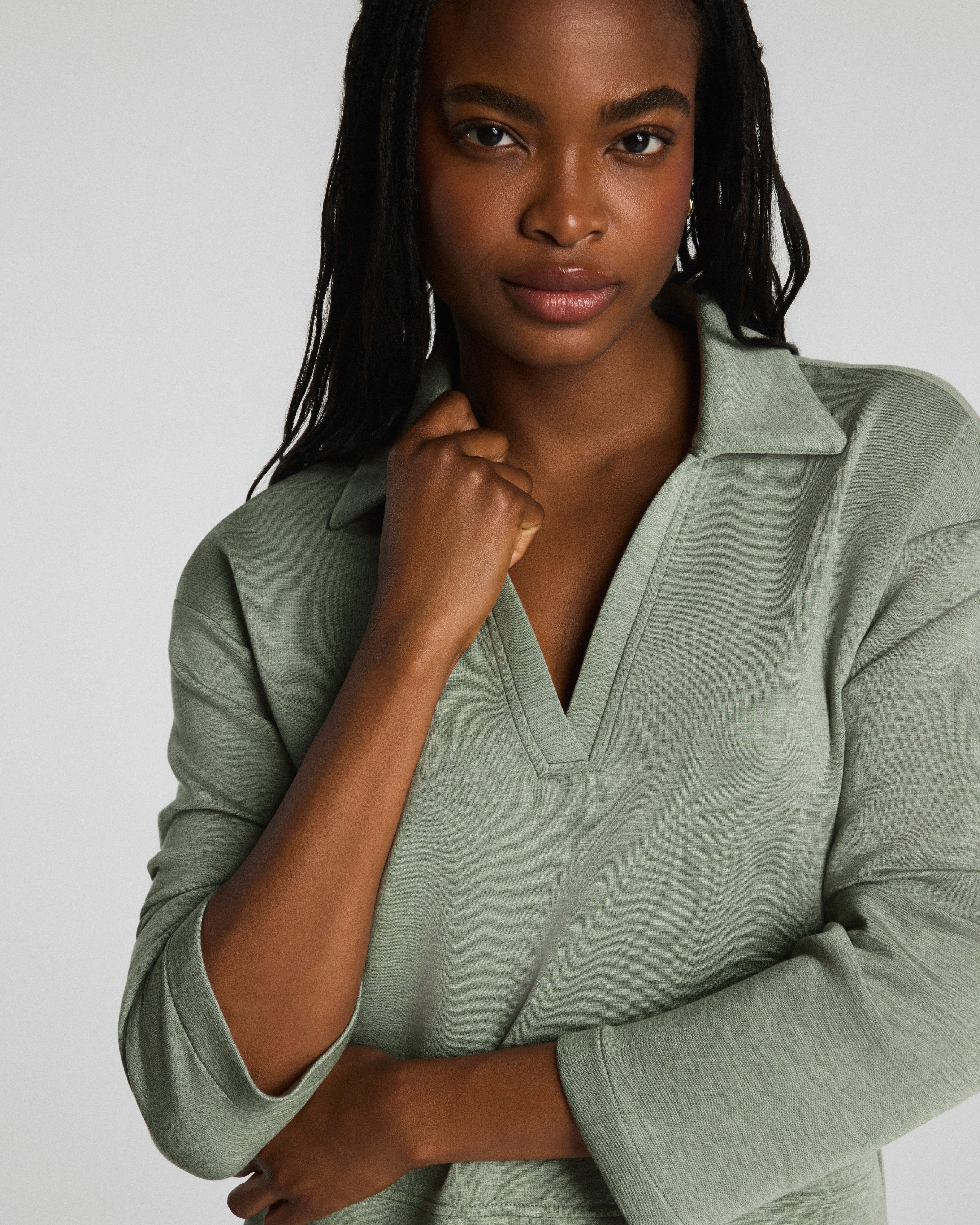 SPANX AirEssentials® Long Sleeve Polo Top | Sage Brush Heather