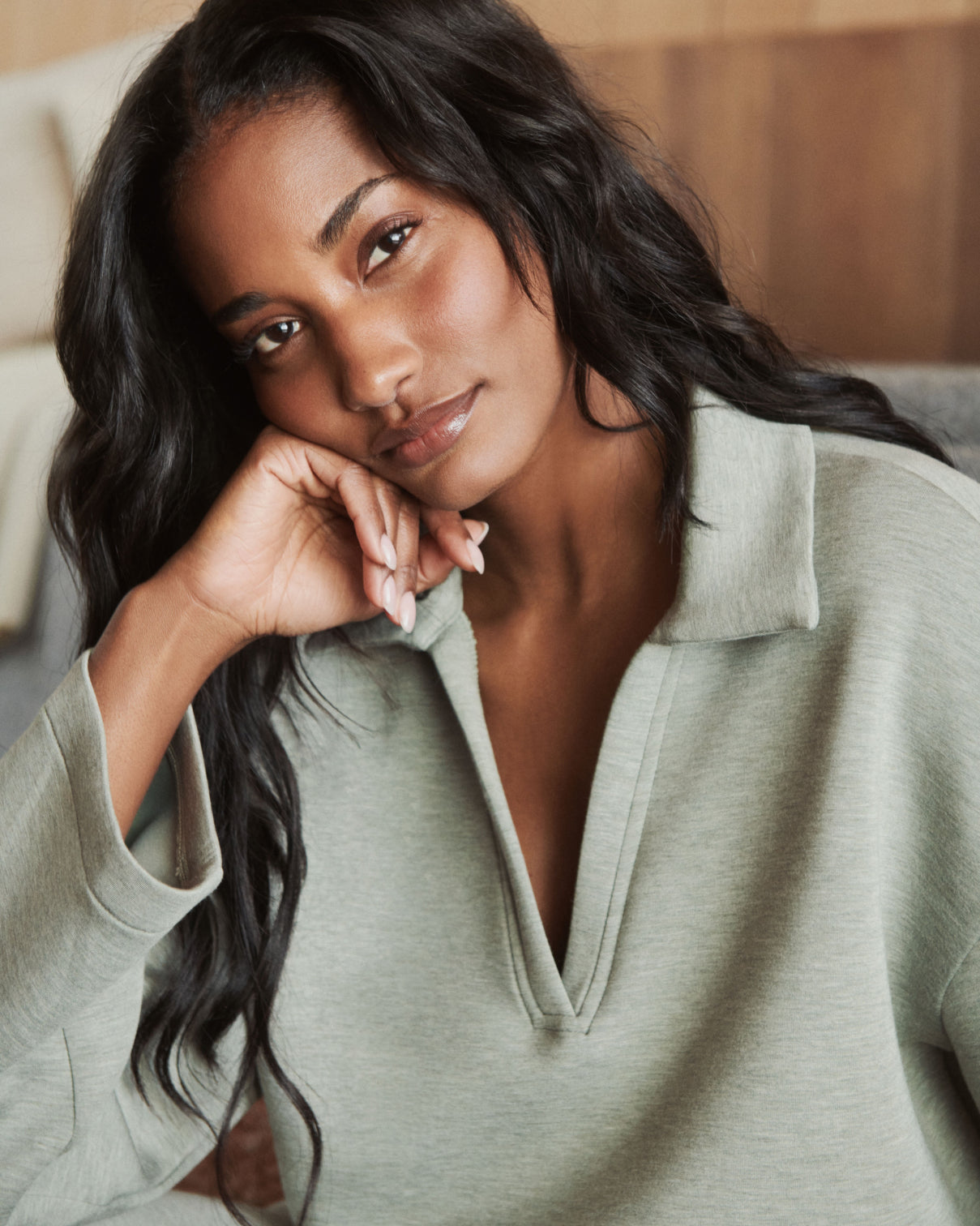 SPANX AirEssentials® Long Sleeve Polo Top | Sage Brush Heather